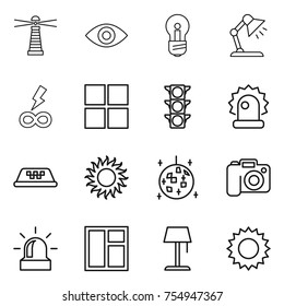 thin line icon set : lighthouse, eye, bulb, table lamp, infinity power, window, traffic light, alarm, taxi, sun, disco ball, camera, floor