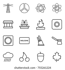 thin line icon set : lighthouse, diagram, atom, market, fountain, flammable, ring button, welcome mat, knife holder, turk, rain cloud, cherry, acorn, maple leaf