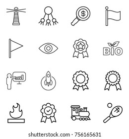 Thin line icon set : lighthouse, share, dollar magnifier, flag, eye, medal, bio, presentation, rocket, flammable, train, tennis