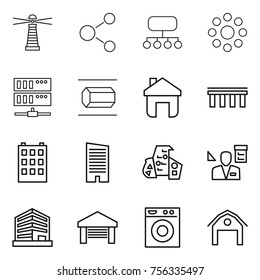 Thin line icon set : lighthouse, molecule, structure, round around, server, nano tube, home, bridge, building, skyscraper, modern architecture, architector, office, garage, washing machine, barn