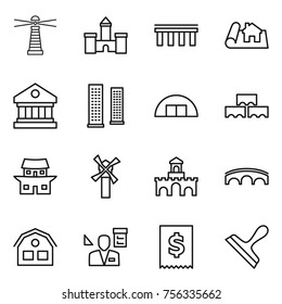 Thin line icon set : lighthouse, castle, bridge, project, library, skyscrapers, hangare, block wall, japanese house, windmill, fort, architector, tax, scraper