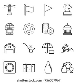 Thin line icon set : lighthouse, flag, chess horse, notebook globe, round around, virtual mining, goverment house, barn, do not trolley sign, insurance, surfer, ring button, clean window, cleanser