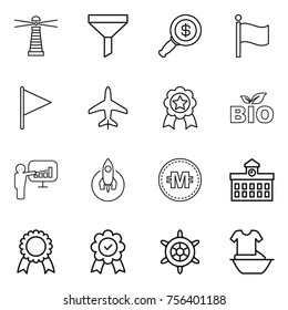 Thin line icon set : lighthouse, funnel, dollar magnifier, flag, plane, medal, bio, presentation, rocket, crypto currency, university, handwheel, handle washing