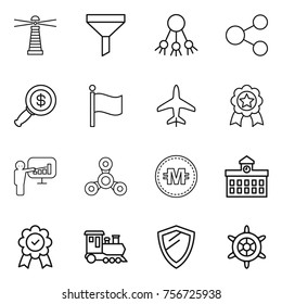 Thin line icon set : lighthouse, funnel, share, dollar magnifier, flag, plane, medal, presentation, spinner, crypto currency, university, train, shield, handwheel