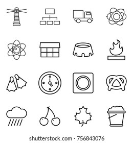 Thin line icon set : lighthouse, hierarchy, truck, atom, market, stadium, flammable, flippers, watch, ring button, pretzel, rain cloud, cherry, maple leaf, foam bucket Thin line icon set : lighthouse, hierarchy, truck, atom, market, stadium, flammable, flippers, watch, ring button, pretzel, rain cloud, cherry, maple leaf, foam bucket