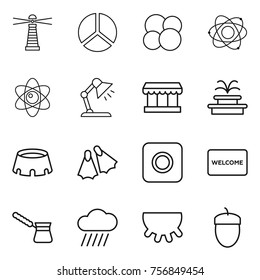 Thin line icon set : lighthouse, diagram, atom core, table lamp, market, fountain, stadium, flippers, ring button, welcome mat, turk, rain cloud, udder, acorn