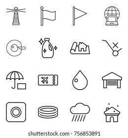 Thin line icon set : lighthouse, flag, notebook globe, cell corection, cleanser, project, do not trolley sign, insurance, ticket, drop, garage, ring button, inflatable pool, rain cloud
