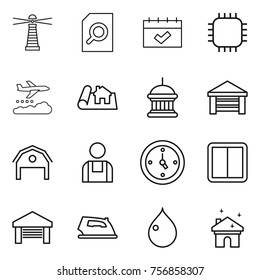Thin line icon set : lighthouse, search document, calendar, chip, weather management, project, goverment house, garage, barn, workman, watch, power switch, iron, drop, cleaning