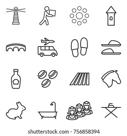 Thin line icon set : lighthouse, courier, round around, tower, bridge, transfer, slippers, ketchup, coffee seeds, field, horse, rabbit, bath, outsource, iron board
