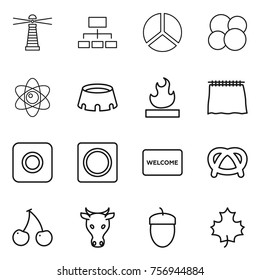 Thin line icon set : lighthouse, hierarchy, diagram, atom core, stadium, flammable, curtain, ring button, welcome mat, pretzel, cherry, cow, acorn, maple leaf