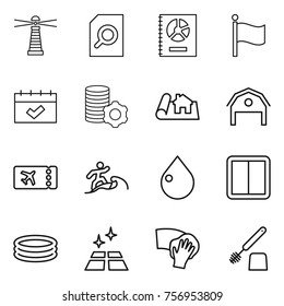 Thin line icon set : lighthouse, search document, annual report, flag, calendar, virtual mining, project, barn, ticket, surfer, drop, power switch, inflatable pool, clean floor, wiping, toilet brush