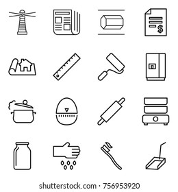 Thin line icon set : lighthouse, newspaper, nano tube, account balance, project, ruler, repair, fridge, steam pan, egg timer, rolling pin, double boiler, bank, sow, tooth brush, scoop