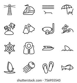 Thin line icon set : lighthouse, sail boat, lounger, island, flippers, diving mask, surfer, handwheel, life vest, yacht, shark flipper, windsurfing, jellyfish, flip flops, fish