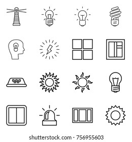 Thin line icon set : lighthouse, bulb, head, lightning, window, taxi, sun, power switch, alarm
