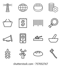 Thin line icon set : lighthouse, globe, smart bracelet, virtual mining, basket, receipt, bar code, magnifier, loudspeaker, mobile location, soil cutter, mortar, spikelets, windmill, bread