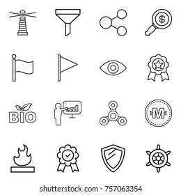 Thin line icon set : lighthouse, funnel, share, dollar magnifier, flag, eye, medal, bio, presentation, spinner, crypto currency, flammable, shield, handwheel