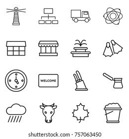 Thin line icon set : lighthouse, hierarchy, truck, atom, market, fountain, flippers, watch, welcome mat, knife holder, turk, rain cloud, cow, maple leaf, foam bucket