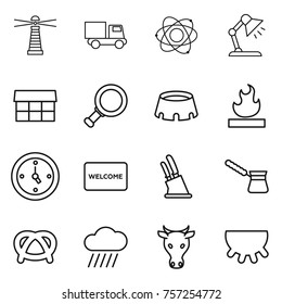 Thin line icon set : lighthouse, truck, atom, table lamp, market, magnifier, stadium, flammable, watch, welcome mat, knife holder, turk, pretzel, rain cloud, cow, udder