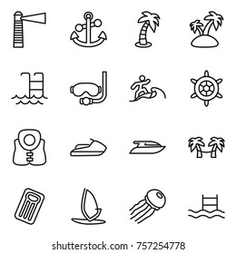 Thin line icon set : lighthouse, anchor, palm, island, pool, diving mask, surfer, handwheel, life vest, jet ski, yacht, hammock, inflatable mattress, windsurfing, jellyfish