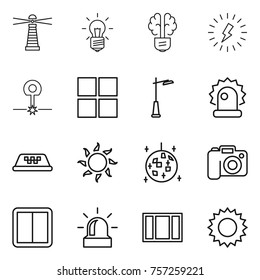 Thin line icon set : lighthouse, bulb, brain, lightning, laser, window, outdoor light, alarm, taxi, sun, disco ball, camera, power switch