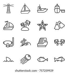 Thin line icon set : lighthouse, boat, sea shipping, port, sail, island, starfish, flippers, diving mask, surfer, cruise ship, palm hammock, shark flipper, jellyfish, fish