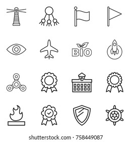 Thin line icon set : lighthouse, share, flag, eye, plane, bio, rocket, spinner, medal, university, flammable, shield, handwheel