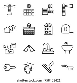 Thin line icon set : lighthouse, sun power, store, houses, university, arch window, measuring tape, architector, tent, water tap, sink, key, wiping, scraper, brush