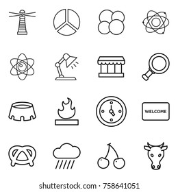 Thin line icon set : lighthouse, diagram, atom core, table lamp, market, magnifier, stadium, flammable, watch, welcome mat, pretzel, rain cloud, cherry, cow