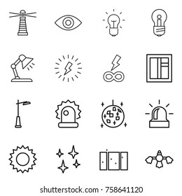 Thin line icon set : lighthouse, eye, bulb, table lamp, lightning, infinity power, window, outdoor light, alarm, disco ball, sun, shining, clean, hard reach place cleaning