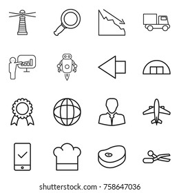 Thin line icon set : lighthouse, magnifier, crisis, truck, presentation, jet robot, left arrow, hangare, medal, globe, client, airplane, mobile checking, cook hat, steake, scissors