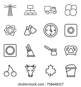 Thin line icon set : lighthouse, hierarchy, truck, atom core, flippers, watch, ring button, knife holder, turk, pretzel, cherry, cow, maple leaf, foam bucket