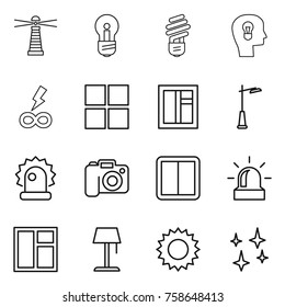 Thin line icon set : lighthouse, bulb, head, infinity power, window, outdoor light, alarm, camera, switch, floor lamp, sun, shining