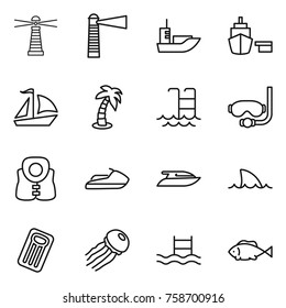 Thin line icon set : lighthouse, sea shipping, port, sail boat, palm, pool, diving mask, life vest, jet ski, yacht, shark flipper, inflatable mattress, jellyfish, fish