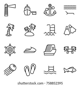 Thin line icon set : lighthouse, port, anchor, lounger, palm, island, pool, flippers, handwheel, jet ski, cruise ship, hammock, jellyfish, flip flops, fish