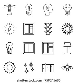 Thin line icon set : lighthouse, bulb, head, brain, lightning, window, traffic light, sun, power switch, floor lamp, shining, clean, hard reach place cleaning