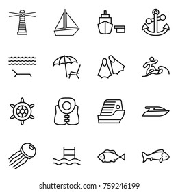 Thin line icon set : lighthouse, boat, port, anchor, lounger, flippers, surfer, handwheel, life vest, cruise ship, yacht, jellyfish, pool, fish