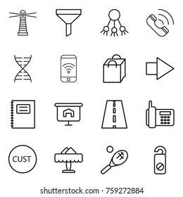 Thin line icon set : lighthouse, funnel, share, call, dna, phone wireless, shopping bag, right arrow, copybook, presentation, road, customs, restaurant, tennis, do not distrub