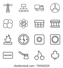 Thin line icon set : lighthouse, hierarchy, truck, diagram, atom core, market, flammable, watch, ring button, welcome mat, turk, cherry, maple leaf