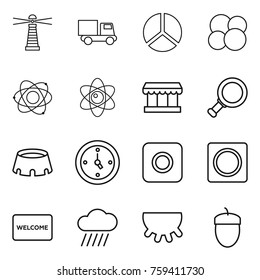 Thin line icon set : lighthouse, truck, diagram, atom core, market, magnifier, stadium, watch, ring button, welcome mat, rain cloud, udder, acorn