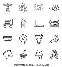 Thin line icon set : lighthouse, atom, eye identity, sale, delivery, tower, ruler, gothic architecture, colander, sheep, cow, hand leaf, horse, vacuum cleaner, house cleaning