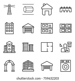 Thin line icon set : lighthouse, nano tube, home, bridge, building, garage, modular house, panel, district, plan, architector, arch, office, washing machine