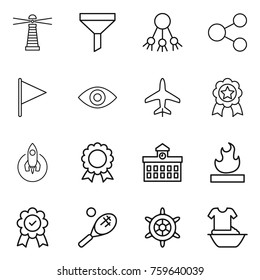 Thin line icon set : lighthouse, funnel, share, flag, eye, plane, medal, rocket, university, flammable, tennis, handwheel, handle washing