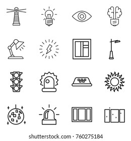 Thin line icon set : lighthouse, bulb, eye, brain, table lamp, lightning, window, outdoor light, traffic, alarm, taxi, sun, disco ball, clean