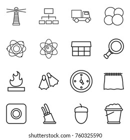 Thin line icon set : lighthouse, hierarchy, truck, atom core, market, magnifier, flammable, flippers, watch, curtain, ring button, knife holder, acorn, foam bucket