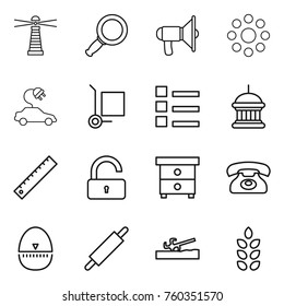 Thin line icon set : lighthouse, magnifier, loudspeaker, round around, electric car, cargo stoller, list, goverment house, ruler, unlock, nightstand, phone, egg timer, rolling pin, soil cutter