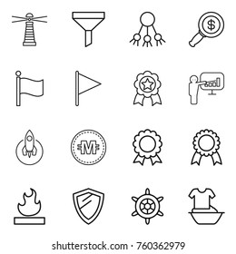 Thin line icon set : lighthouse, funnel, share, dollar magnifier, flag, medal, presentation, rocket, crypto currency, flammable, shield, handwheel, handle washing