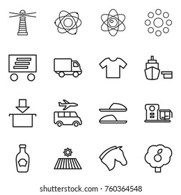 Thin line icon set : lighthouse, atom, round around, delivery, t shirt, port, package, transfer, slippers, food processor, ketchup, field, horse, garden