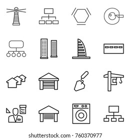 Thin line icon set : lighthouse, hierarchy, hex molecule, cell corection, structure, skyscrapers, skyscraper, bunker, houses, garage, construction, tower crane, architector, washing machine