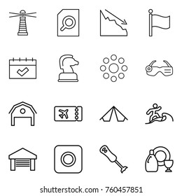 Thin line icon set : lighthouse, search document, crisis, flag, calendar, chess horse, round around, smart glasses, barn, ticket, tent, surfer, garage, ring button, blender, dish cleanser