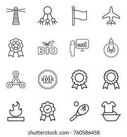Thin line icon set : lighthouse, share, flag, plane, medal, bio, presentation, rocket, spinner, crypto currency, flammable, tennis, handle washing